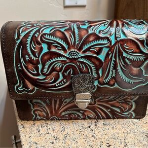 Patricia Nash Tooled Leather Crossbody Bag - Brown with Turquoise Accents